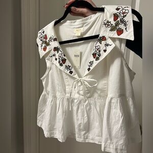 Maeve White Blouse with Red and Green Embroidered strawberries
